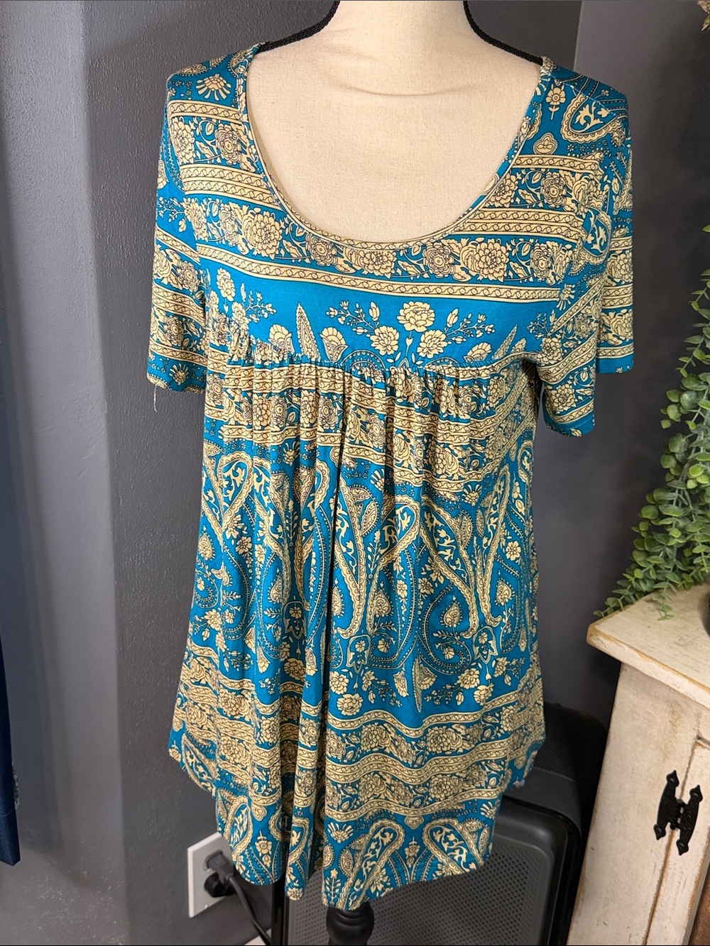 Teal and Gold Scoop Neck Empire Tunic Top